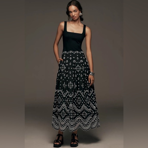 NWT Maeve Sleeveless Square-Neck Eyelet Midi Dress - Size Large - Black - Picture 2 of 14